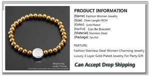 Detailed size chart of 18K gold plated stainless steel bead bracelet with coin pendant