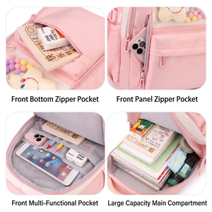 Pink nylon backpack with multi-pocket organization and clear window display for students