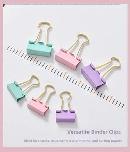 Close-up of macaron color binder clips with gold plating in pink, green and purple