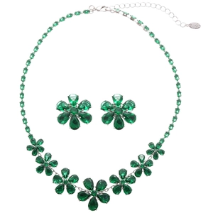 Silver flower jewelry set with emerald green teardrop crystals and stud earrings