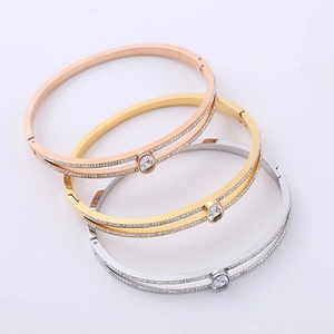 Elegant Bangle Bracelet 304 Stainless Steel Double Row Cubic Zirconia Pave Vacuum Plated Fashion Jewelry For Women