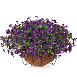 Detail of lifelike purple artificial flowers in a coconut fiber hanging basket
