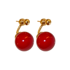 Vintage gold and red double pearl earrings with retro minimalist front-back design