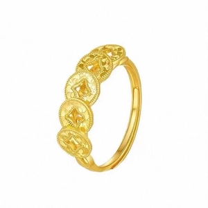 24k gold-plated open ring with traditional Chinese ancient coin pattern and hollow design