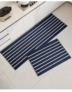 Macro detail of navy blue and white striped kitchen mats with non-slip texture