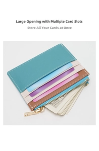 Detail view of RFID blocking leather card wallet with multi-color stitch design and zipper