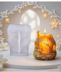 Detailed view of tree house silicone mold and finished handmade 3D cottage candle