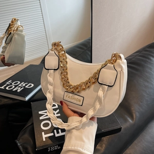 Crescent Shoulder Bag PU Leather Gold Chain Woven Strap Chic Underarm Hobo Handbag Trendy Minimalist For Women