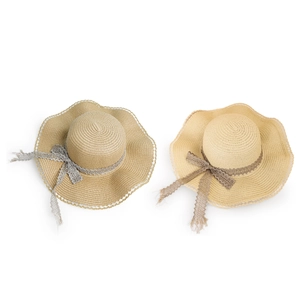 Women wide brim straw sun hat with wavy edges and floral lace ribbon in two colors