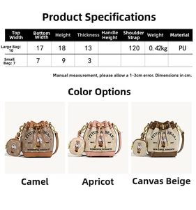 Size chart showing PU leather bucket bag set with detailed dimensions and bear print