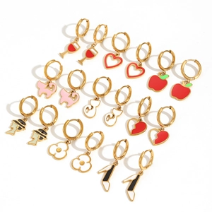 Golden titanium steel hoop earrings set with colorful enamel charms in various shapes