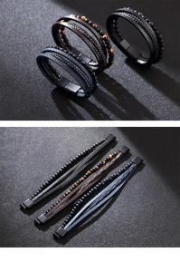 Detail of multi-layer braided leather bracelets with natural tiger eye beads and magnetic clasp