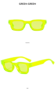 Detail view of fluorescent green square sunglasses showing positive and side perspectives