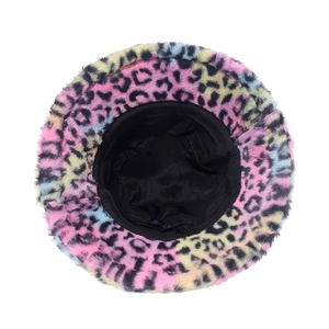 Macro detail of colorful leopard faux fur texture and black fabric lining on bucket hat