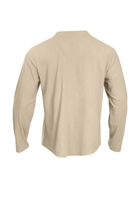 Detail view showing the back profile of a beige long-sleeve knit cardigan for men