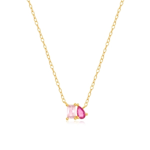 Detailed close-up of pink rectangular and magenta teardrop zirconia pendant in gold