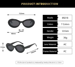 Size chart showing frames dimensions and specifications for retro oval sunglasses