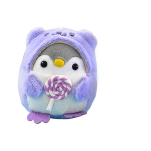 Süßer Plüsch-Pinguin-Schlüsselanhänger mit lila Bären-Hoodie und Lutscher-Anhänger