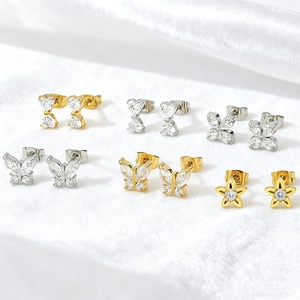 Stainless steel stud earrings with butterfly zircon and star designs in gold and silver