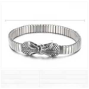 Detailed view of stainless steel stretch bracelet featuring punk style double snake heads