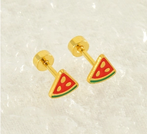 Detail of watermelon slice stud earring with red enamel and gold screw back closure