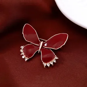 Vintage Butterfly Brooch Alloy Burgundy Enamel Drip Oil Rhinestone Elegant Corsage Fashion Jewelry Gift For Women