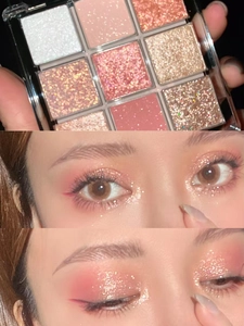 Detailed views of a nine-color eyeshadow palette with matte and shimmer textures on eyes