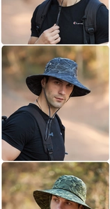 Vista dettagliata di un cappello da sole mimetico da uomo per trekking e pesca.