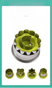 Detail of stainless steel cookie cutter set with green plastic grips for safe baking