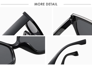 Detailed views of chunky black square sunglasses showing hinges, nose pads, and frame texture