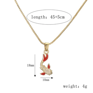 Detailed dimensions of gold koi fish pendant necklace featuring red enamel and crystals