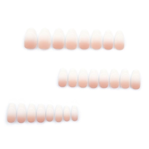 Pink and white ombre almond press-on nails with minimalist curved French tip design