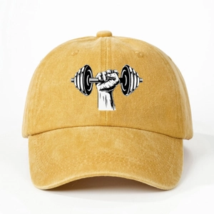 Adjustable mustard yellow washed canvas baseball cap with dumbbell fitness graphic design