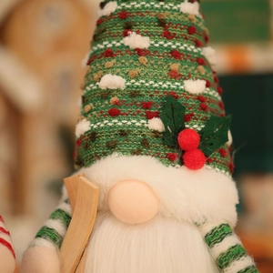 Close-up of knit Christmas gnome hat and plush beard with warm festive background