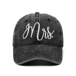 Vintage black washed cotton baseball cap with white Mrs. embroidery for women