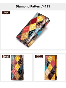 Détails du portefeuille en cuir patchwork coloré avec texture en losange et coins en métal