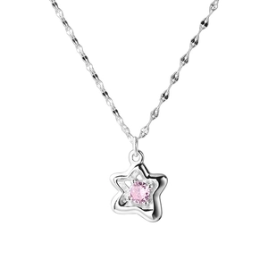 Minimalist S925 sterling silver pentagram necklace with a pink zircon stone