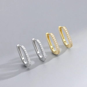 Elegant S925 sterling silver rectangular hoop earrings with zircons in gold and silver