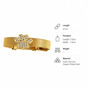 Detail des goldenen Mesh-Armbands mit Pfotenanhänger und Größenangaben (21cm Länge)