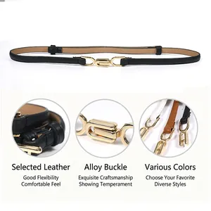 Elegant adjustable thin leather belt for women with golden alloy buckle in three colors