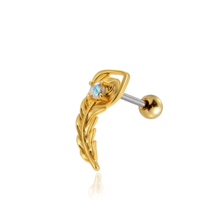 Detail of a gold feather earring featuring a rainbow opal stone and a spherical ball back