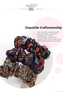 Detail of Halloween hair scrunchies with skull and pumpkin patterns on display stand
