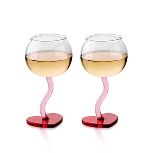 Elegant pair of creative heart shaped base wine glasses with pink curved stems
