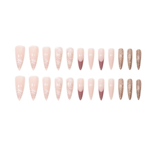 Coffret de 24 faux ongles stiletto longs avec texture marbrée et design pailleté bronze