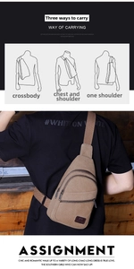 Detailed view showing three carrying styles of the khaki canvas chest bag for men