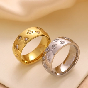 Women Vintage Stainless Steel Zirconia Starry Ring Gold Plated Geometric Wide Band Ring Fashion Finger Jewelry Gift