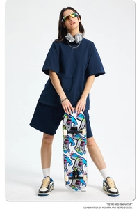Detail of navy heavy cotton shorts and oversized tee set with retro wash texture
