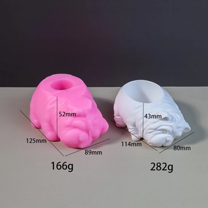 Detailed dimensions of pink French Bulldog silicone mold with cast plaster dog figure