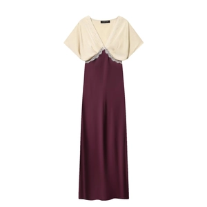 Maxi Dress Satin Lace Patchwork V-Neck Color Block Short Sleeve Elegant Women Evening Party Satin Like Fabric