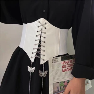 Fashionable white wide corset belt with silver butterfly chains and elastic band for dresses